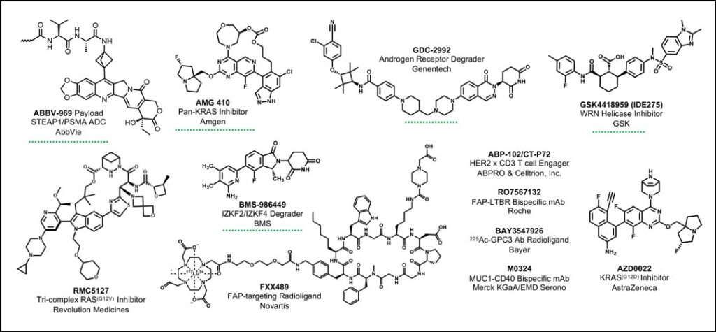 Researchers presented 12 new cancer therapeutics, represented here by their chemical structures, during the New Drugs on the Horizon special series at the AACR Annual Meeting 2025.